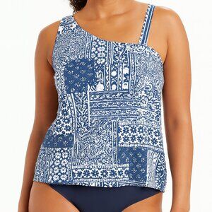 Lands' End Navy and White One-Shoulder Tankini Swim Top with Tummy Control